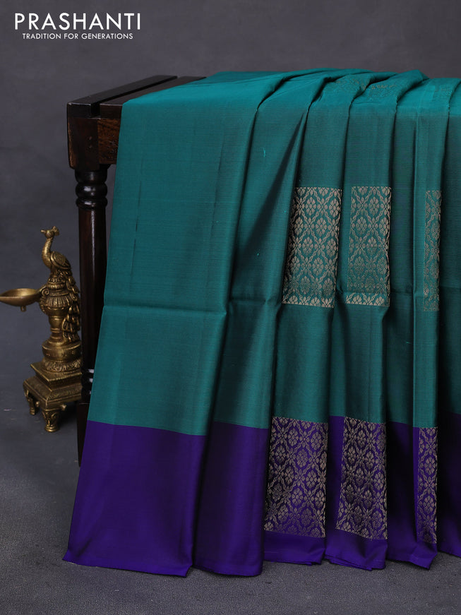 Kanchipuram soft silk saree peacock green and blue with box type zari woven buttas and zari woven butta border