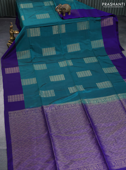 Kanchipuram soft silk saree peacock green and blue with box type zari woven buttas and zari woven butta border