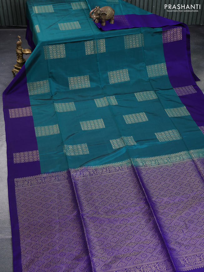 Kanchipuram soft silk saree peacock green and blue with box type zari woven buttas and zari woven butta border