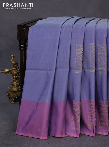 Kanchipuram soft silk saree blue shade and dual shade of mild purple with box type zari woven buttas and zari woven butta border