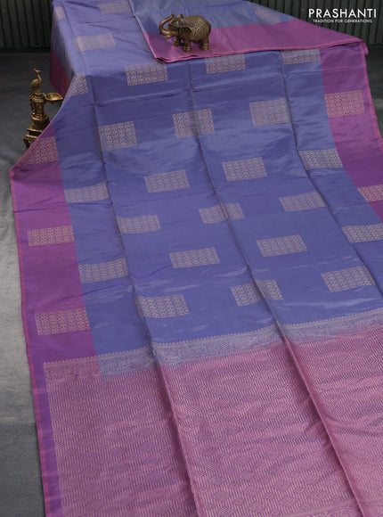 Kanchipuram soft silk saree blue shade and dual shade of mild purple with box type zari woven buttas and zari woven butta border