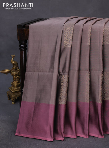 Kanchipuram soft silk saree pastel brown shade and onion pink with box type zari woven buttas and zari woven butta border