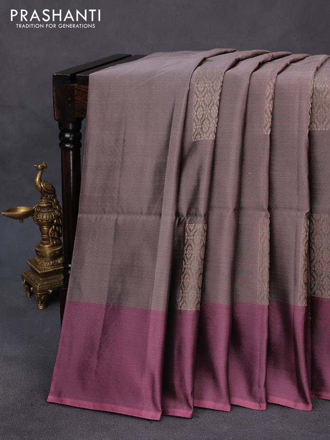 Kanchipuram soft silk saree pastel brown shade and onion pink with box type zari woven buttas and zari woven butta border