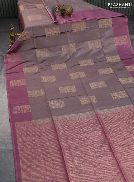 Kanchipuram soft silk saree pastel brown shade and onion pink with box type zari woven buttas and zari woven butta border