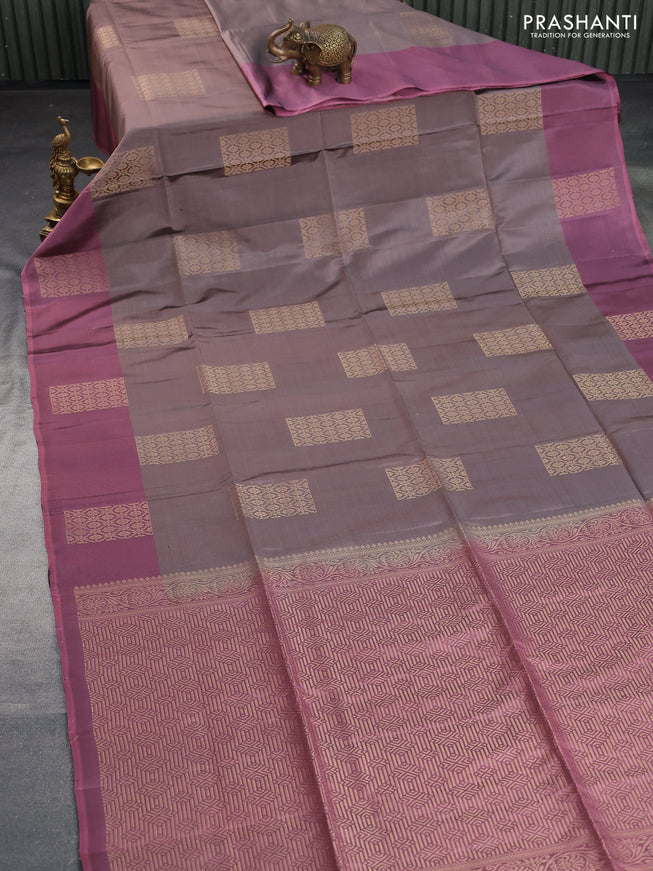 Kanchipuram soft silk saree pastel brown shade and onion pink with box type zari woven buttas and zari woven butta border