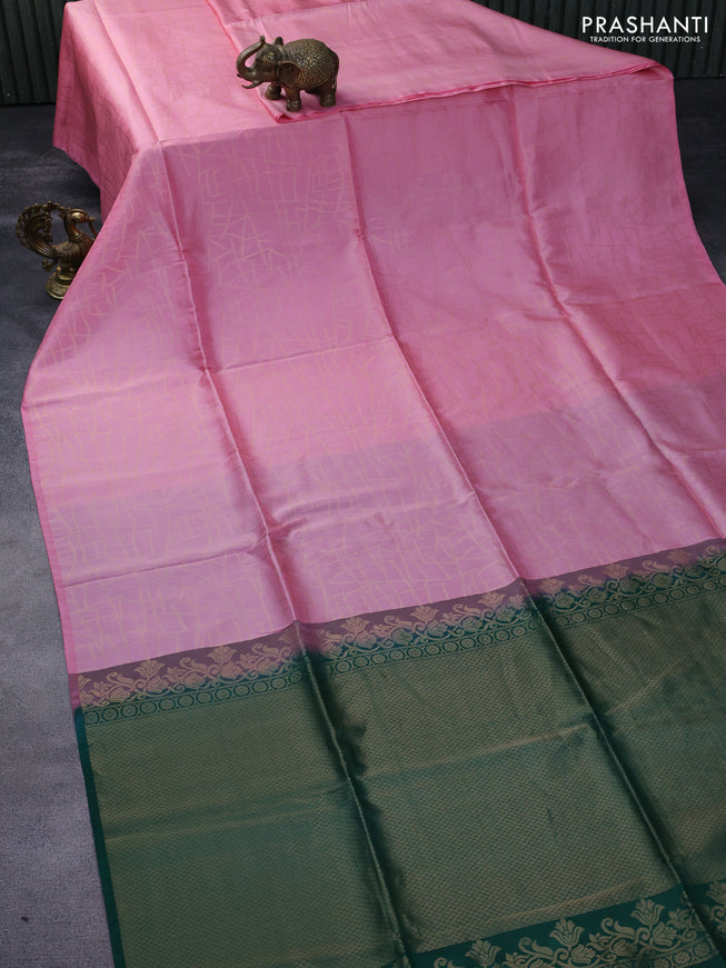 Kanchipuram soft silk saree light pink and green with allover zari weaves in borderless style