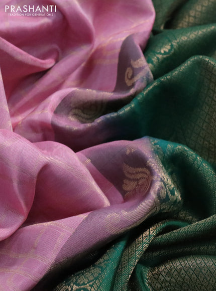 Kanchipuram soft silk saree light pink and green with allover zari weaves in borderless style