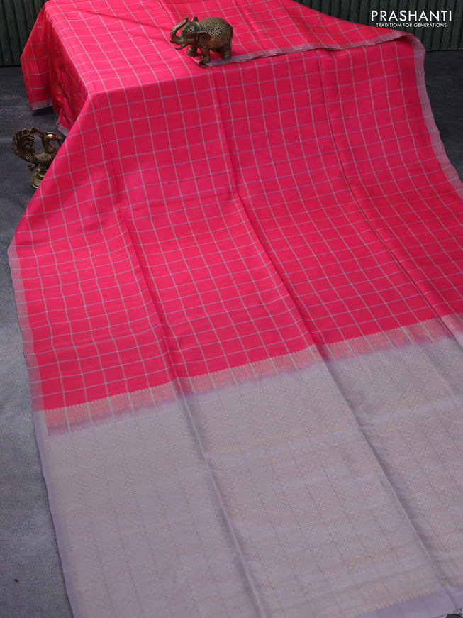 Kanchipuram soft silk saree candy pink and grey with allover checked pattern and simple border