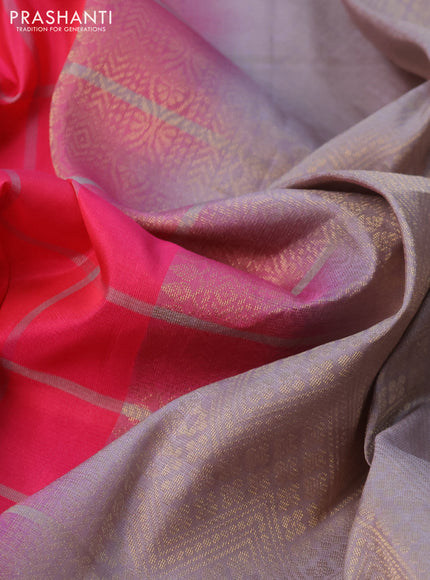 Kanchipuram soft silk saree candy pink and grey with allover checked pattern and simple border