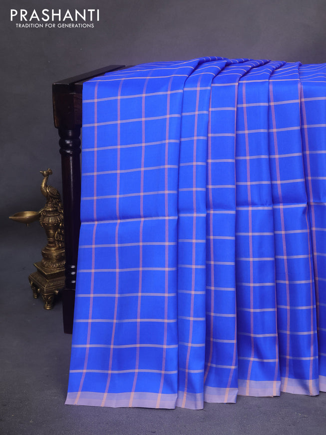 Kanchipuram soft silk saree royal blue and pastel brown with allover checked pattern and simple border