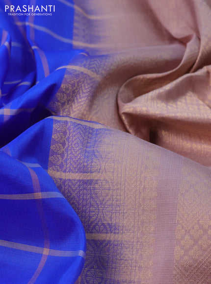 Kanchipuram soft silk saree royal blue and pastel brown with allover checked pattern and simple border