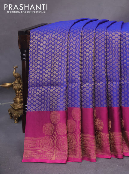 Kanchipuram soft silk saree blue and magenta pink with allover zari woven brocade weaves and long zari woven border