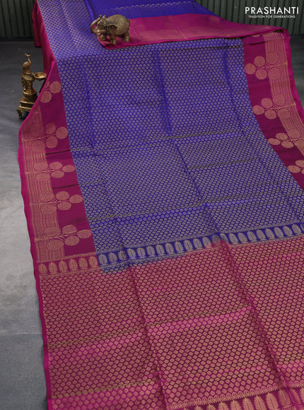 Kanchipuram soft silk saree blue and magenta pink with allover zari woven brocade weaves and long zari woven border