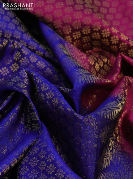 Kanchipuram soft silk saree blue and magenta pink with allover zari woven brocade weaves and long zari woven border