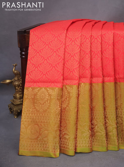 Kanchipuram soft silk saree red and manthulir green with allover zari woven brocade weaves and long zari woven border