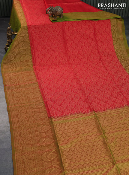 Kanchipuram soft silk saree red and manthulir green with allover zari woven brocade weaves and long zari woven border