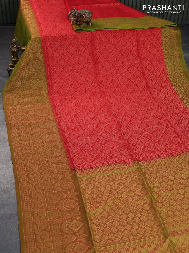 Kanchipuram soft silk saree red and manthulir green with allover zari woven brocade weaves and long zari woven border