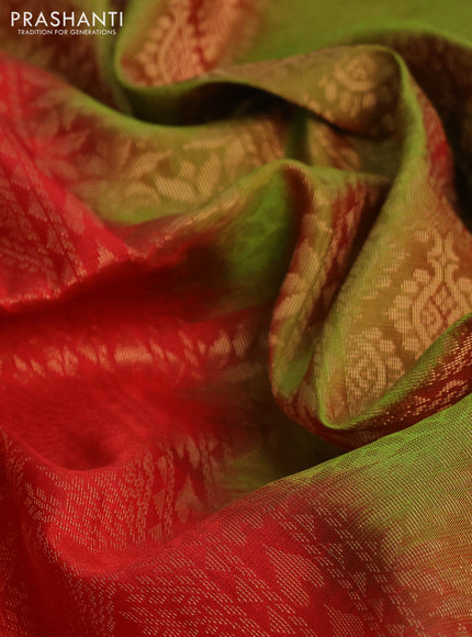 Kanchipuram soft silk saree red and manthulir green with allover zari woven brocade weaves and long zari woven border