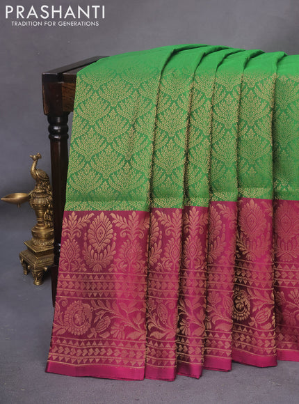 Kanchipuram soft silk saree green and dark magenta pink with allover zari woven brocade weaves and long zari woven border