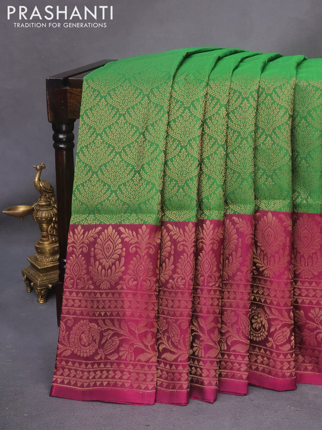 Kanchipuram soft silk saree green and dark magenta pink with allover zari woven brocade weaves and long zari woven border