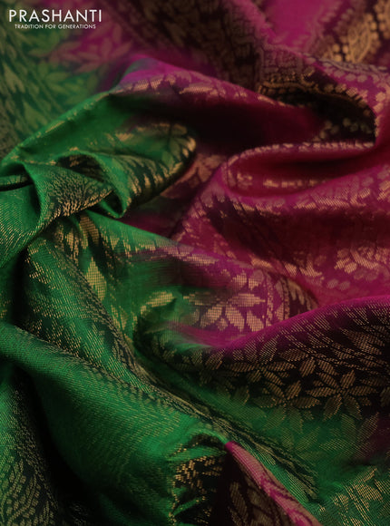 Kanchipuram soft silk saree green and dark magenta pink with allover zari woven brocade weaves and long zari woven border