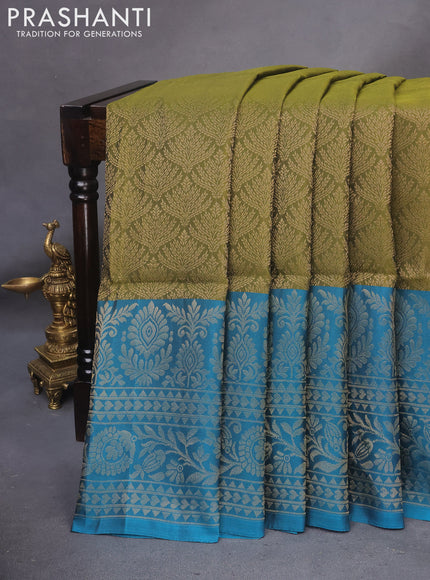 Kanchipuram soft silk saree mehendi green and teal blue with allover zari woven brocade weaves and long zari woven border