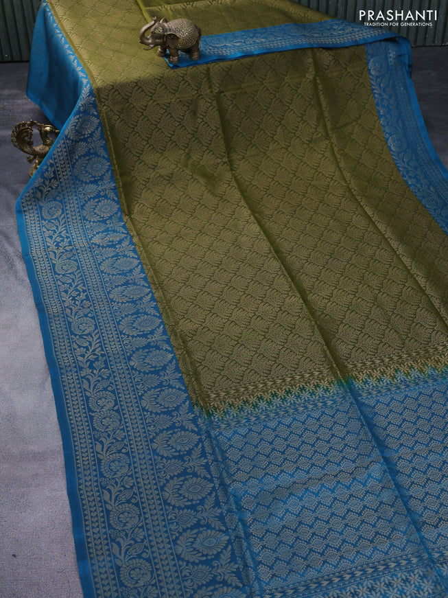 Kanchipuram soft silk saree mehendi green and teal blue with allover zari woven brocade weaves and long zari woven border