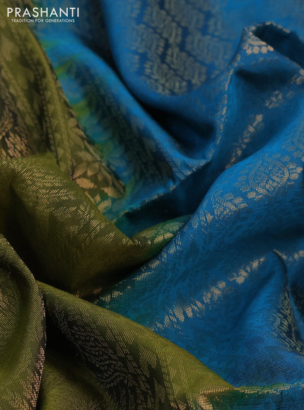 Kanchipuram soft silk saree mehendi green and teal blue with allover zari woven brocade weaves and long zari woven border