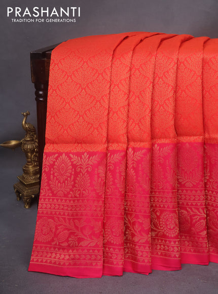 Kanchipuram soft silk saree orange and pink with allover zari woven brocade weaves and long zari woven border