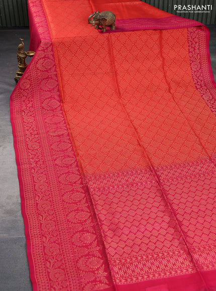 Kanchipuram soft silk saree orange and pink with allover zari woven brocade weaves and long zari woven border