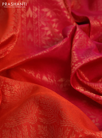 Kanchipuram soft silk saree orange and pink with allover zari woven brocade weaves and long zari woven border