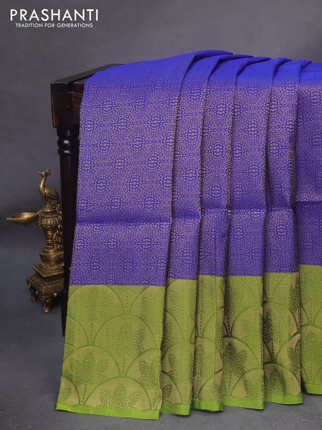 Kanchipuram soft silk saree blue and greenish red with allover zari woven brocade weaves and zari woven border