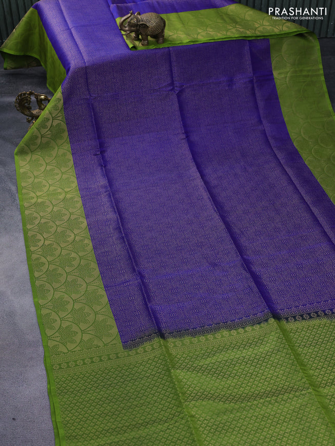 Kanchipuram soft silk saree blue and greenish red with allover zari woven brocade weaves and zari woven border