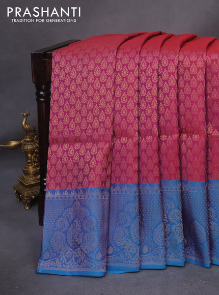 Kanchipuram soft silk saree dual shade of maroon and teal blue with allover zari woven brocade weaves and zari woven border