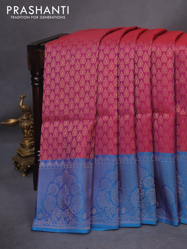 Kanchipuram soft silk saree dual shade of maroon and teal blue with allover zari woven brocade weaves and zari woven border