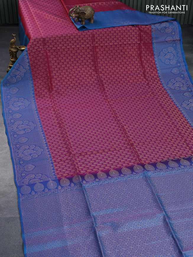 Kanchipuram soft silk saree dual shade of maroon and teal blue with allover zari woven brocade weaves and zari woven border