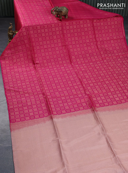 Kanchipuram soft silk saree pink and mild peach shade with allover zari woven brocade weaves in borderless style