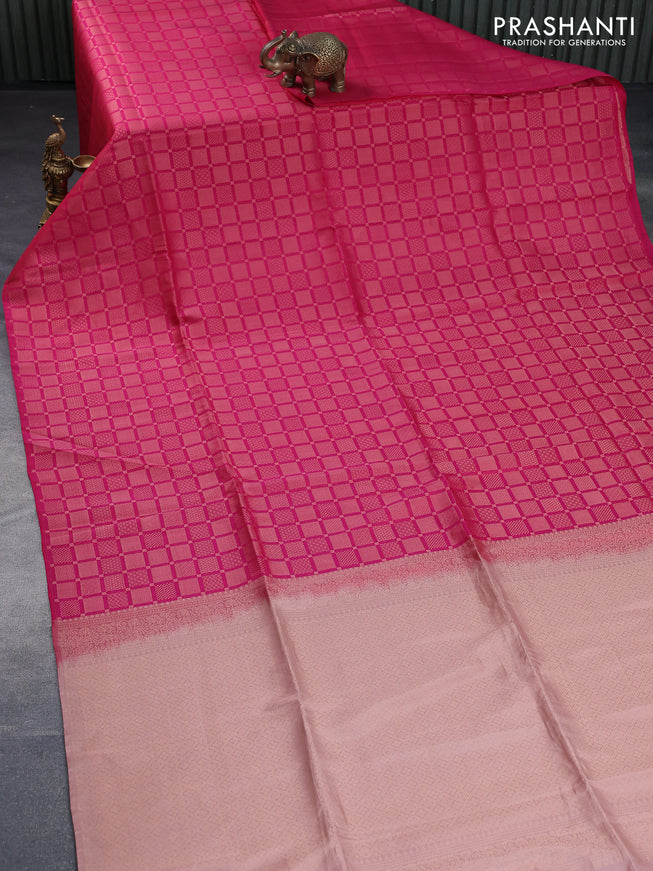 Kanchipuram soft silk saree pink and mild peach shade with allover zari woven brocade weaves in borderless style