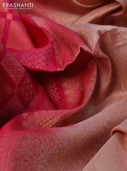 Kanchipuram soft silk saree pink and mild peach shade with allover zari woven brocade weaves in borderless style