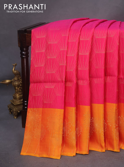 Kanchipuram soft silk saree pink and mango yellow with allover zari woven brocade weaves and zari woven border