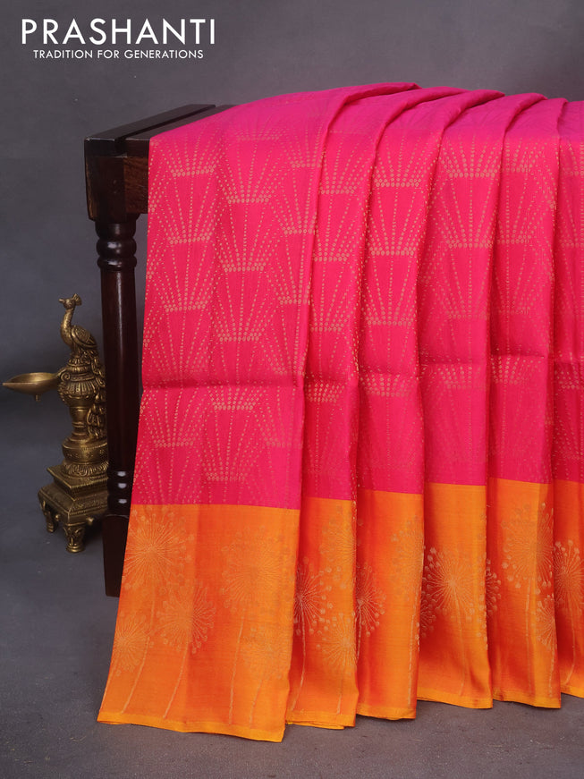 Kanchipuram soft silk saree pink and mango yellow with allover zari woven brocade weaves and zari woven border