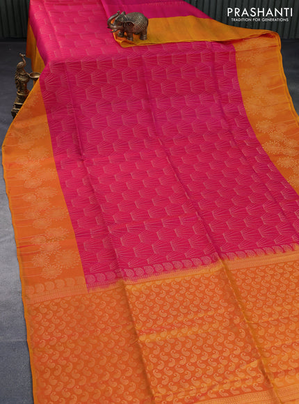 Kanchipuram soft silk saree pink and mango yellow with allover zari woven brocade weaves and zari woven border