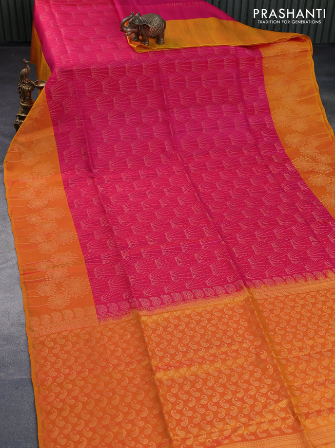 Kanchipuram soft silk saree pink and mango yellow with allover zari woven brocade weaves and zari woven border