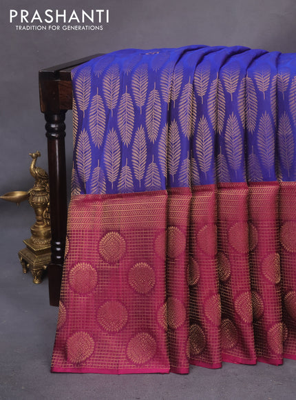 Kanchipuram soft silk saree blue and dark magenta pink with zari woven buttas and zari woven border