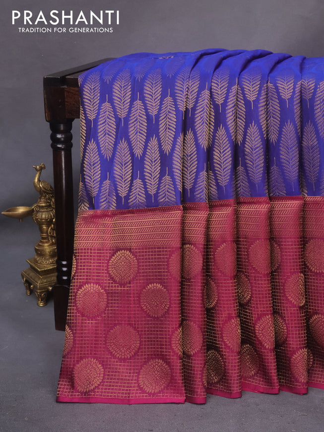 Kanchipuram soft silk saree blue and dark magenta pink with zari woven buttas and zari woven border