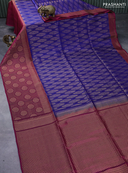 Kanchipuram soft silk saree blue and dark magenta pink with zari woven buttas and zari woven border