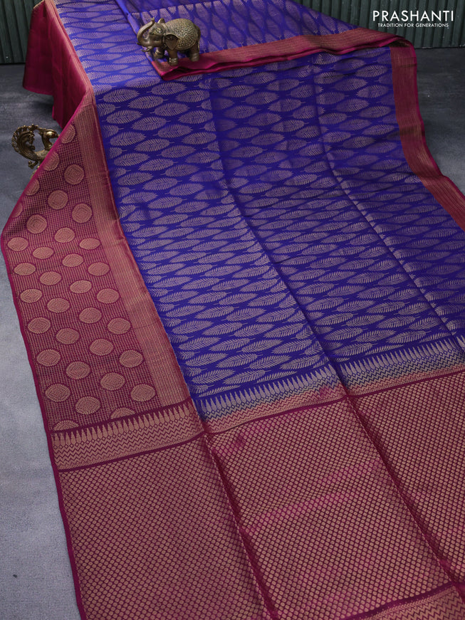 Kanchipuram soft silk saree blue and dark magenta pink with zari woven buttas and zari woven border