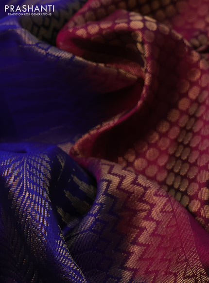 Kanchipuram soft silk saree blue and dark magenta pink with zari woven buttas and zari woven border