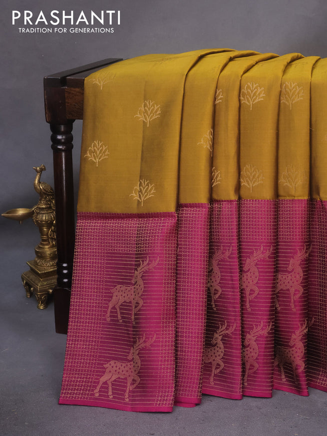 Kanchipuram soft silk saree dark mustard and dark magenta pink with zari woven buttas and zari woven border