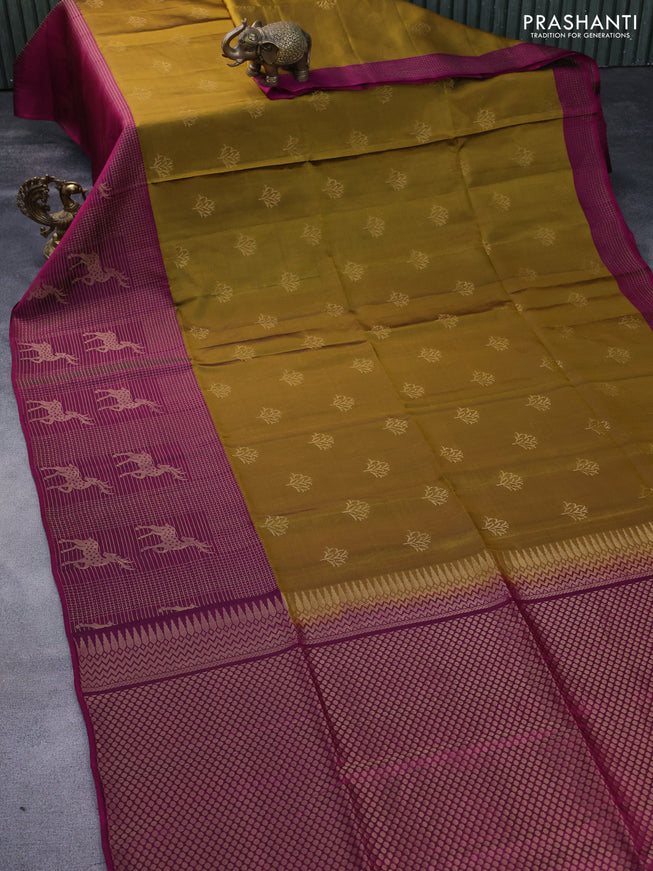 Kanchipuram soft silk saree dark mustard and dark magenta pink with zari woven buttas and zari woven border